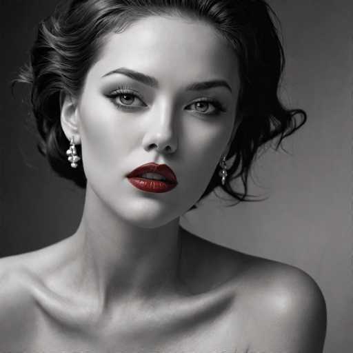 A glamorous, grayscale portrait features a woman with dark, voluminous hair and bold red lipstick. She gazes directly at the viewer, adorned with elegant diamond earrings. The soft lighting emphasizes her features against a muted backdrop, creating a classic, vintage-inspired aesthetic with a focus on dramatic beauty.