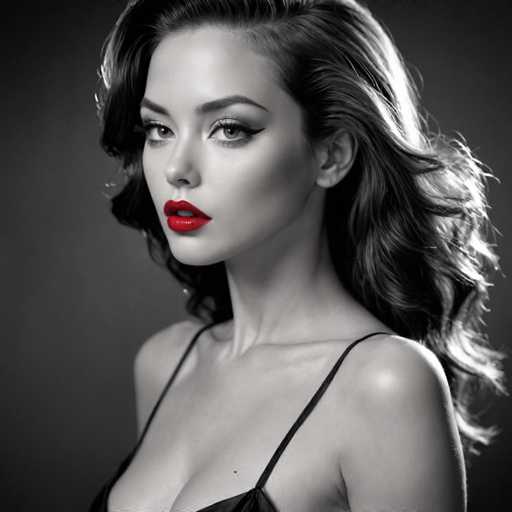 A glamorous woman with voluminous, wavy hair and bold red lipstick is the central focus in this black and white portrait. She's positioned in a three-quarter profile, her gaze directed towards the viewer with an intense expression. The lighting highlights her features and creates a dramatic, high-contrast aesthetic reminiscent of classic fashion photography.