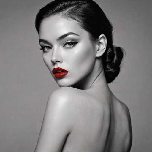 A striking, monochrome portrait features a woman with bold red lipstick and dramatic eye makeup, looking over her shoulder. Her elegant hairstyle is styled in a sleek updo. The focus is on her face, with the background providing a simple, textured backdrop. The art style leans towards high fashion and glamour, emphasizing a sophisticated aesthetic.
