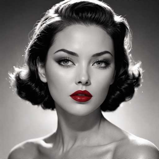 This black and white portrait features a glamorous woman with a classic 1940s aesthetic. She has a defined, voluminous bob hairstyle and bold red lipstick, emphasizing her intense gaze. The lighting is dramatic, highlighting her features against a soft background, creating a vintage, stylized beauty shot.