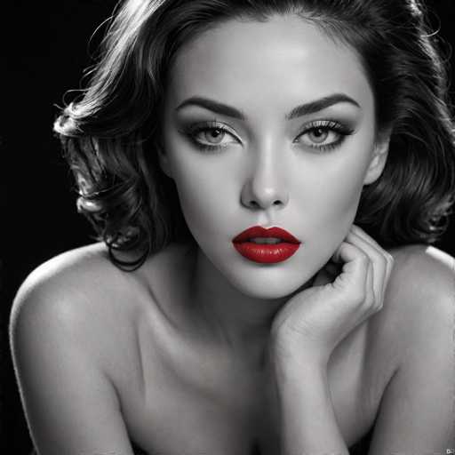 A glamorous, black and white portrait features a woman with voluminous, wavy hair and bold red lipstick. She gazes directly at the viewer, her hand gently resting on her chin. The close-up emphasizes her striking features and creates a classic, sophisticated aesthetic with dramatic lighting.