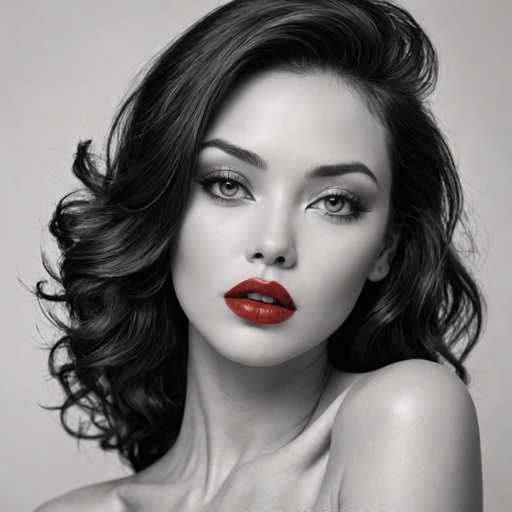 The image is a black and white portrait of a woman with long dark hair styled in loose curls. She has striking red lipstick on her lips and is looking directly at the camera. The background is plain white, which contrasts with the woman's dark hair and accentuates her features.