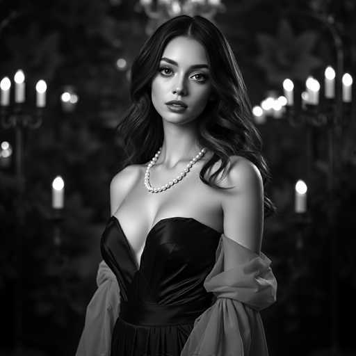 A woman with long dark hair is standing against a black background adorned with white candles and chandeliers. She is wearing a black dress that falls just below her knees, and the necklace she's wearing has a pearl pendant. The image is in black and white, giving it an artistic and timeless feel.