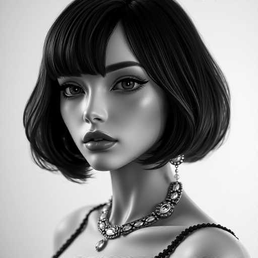 A black and white portrait of a woman with short hair styled in a bob cut, wearing a necklace featuring large stones and earrings.