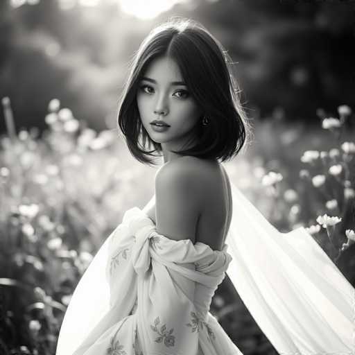 A captivating, monochromatic portrait showcases a beautiful android courtesan with short, dark hair, gracefully posed in a flowing, Grecian-inspired gown. The soft, golden light bathes her in an ethereal glow amidst a blurred field of delicate flowers, emphasizing elegant, understated beauty. The spatial relationship is intimate, drawing focus to the subject's serene expression within a softly blurred natural setting.