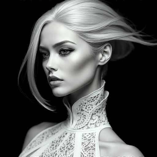 A captivating, hyper-realistic black and white portrait showcases a seductive android courtesan. Her long, silver hair flows dynamically, framing a face with sharp, elegant features. She wears a sleek, high-collared white gown with intricate lace, posed against a stark black backdrop. The soft lighting and sharp focus evoke a cinematic, retro-futuristic glamour.