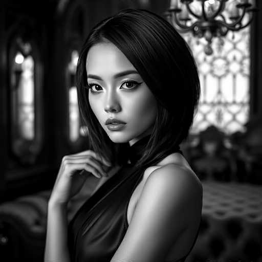 A woman with long dark hair is captured in a black and white portrait photograph. She is wearing a black dress that contrasts with the monochrome setting of the image. The background features an ornate window adorned with intricate designs, adding to the overall aesthetic appeal of the scene.