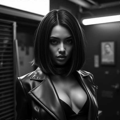 The image is a black and white photograph featuring a woman with short hair wearing a leather jacket. The woman's face is the main focus of the photo, which is taken from a low angle looking up at her. There are no other objects or people in the frame, making the woman the sole subject of the image.