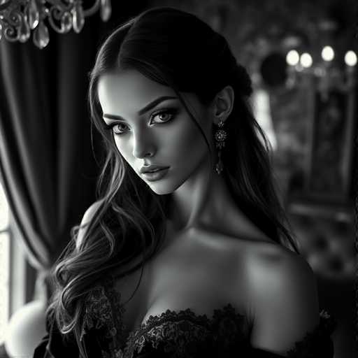 A woman with long brown hair is captured in a close-up portrait against the backdrop of a room with a chandelier and curtains. She is wearing a black lace dress that falls to her knees, and she has dark hair styled in loose waves. The lighting in the room is dim, creating an intimate atmosphere.