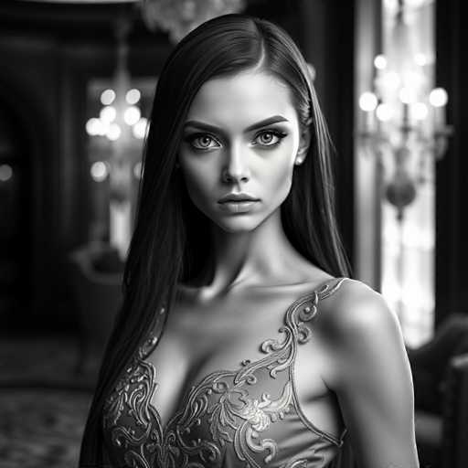 A strikingly beautiful android courtesan commands attention in this high-contrast, black and white portrait. Her long, straight hair frames a face with piercing blue eyes, accentuated by intricate silver embroidery on her chic evening gown. The luxurious, modernist mansion setting enhances the refined beauty and cinematic atmosphere of this sophisticated digital artwork.