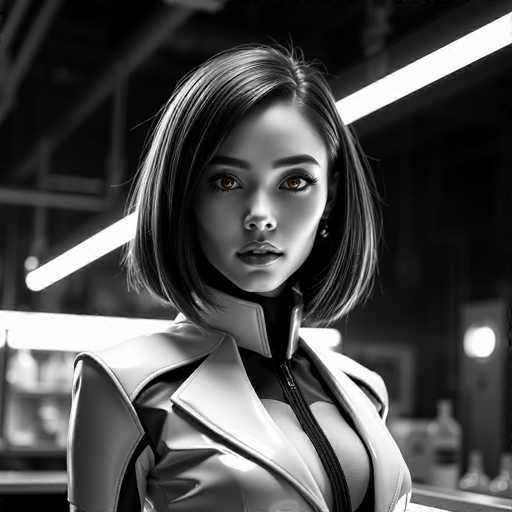 The image is a black and white portrait of a woman with short hair styled in a bob cut. She is wearing a white jacket that has a zipper running down the front. The background features a large light fixture on the ceiling and a doorway leading to another room.