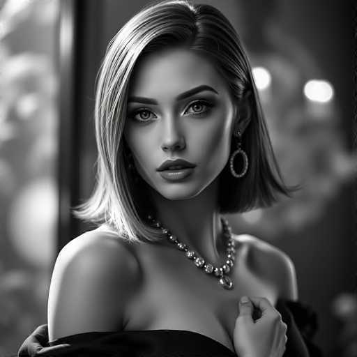 A woman with shoulder-length blonde hair is captured in a black and white portrait photograph. She is wearing a necklace that features large beads around her neck. The background of the image is blurred, but it appears to be a room or hallway.