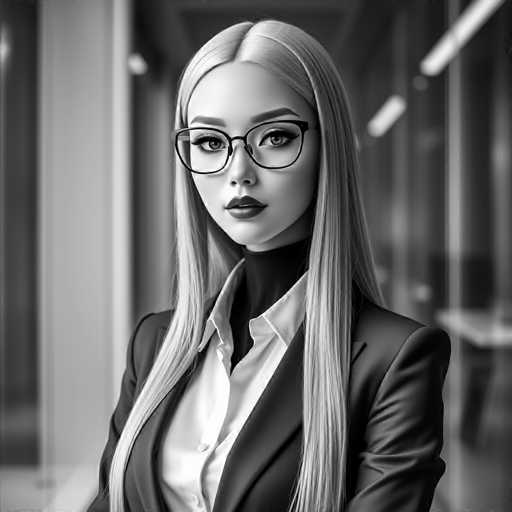 A hyper-realistic, black and white portrait showcases a sophisticated android courtesan in a modern office. The subject, with long, straight hair and glasses, wears a sleek business suit, exuding corporate elegance. The spatial relationship is intimate, with the subject centrally positioned against a blurred background of glass walls, bathed in cool, neutral lighting. The art style is cinematic and sharp-focused.