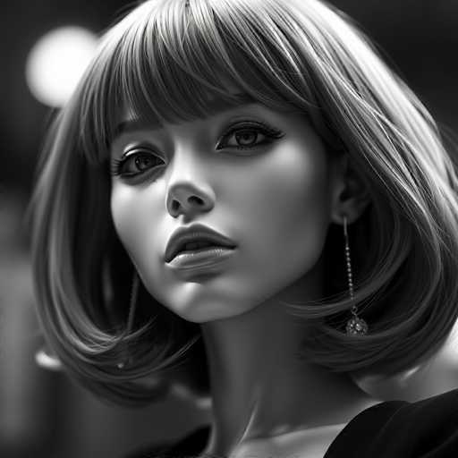 This close-up black and white portrait features a sophisticated android courtesan with medium, subtly textured hair. Her synthetic skin gleams under soft lighting, emphasizing refined features and an alluring gaze. The intimate composition highlights high-end fashion details, creating a sensual, artistic aesthetic.