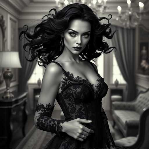 A captivating, hyper-realistic portrait of a seductive android courtesan dominates the frame. Her voluminous black hair cascades around her, contrasting with piercing green eyes and a black lace gown. Subtle glowing circuitry hints at her artificial nature within the luxurious, old-world boudoir setting, bathed in soft, diffused light. The image embodies a film noir aesthetic with sharp focus and cinematic depth.