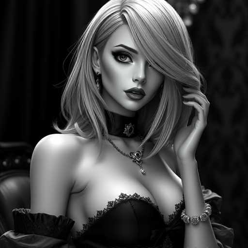 A captivating, high-fashion android courtesan commands attention in this black and white portrait. Her medium-length hair frames a sophisticated face, adorned with intricate details and luxurious textures. She wears elegant accessories like a choker and bracelet, emphasizing her refined presence in a glamorous pose. The spatial relationship is intimate, drawing the viewer into her captivating gaze.