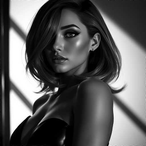 A woman with shoulder-length hair is captured in a black and white portrait against a stark white background. She is dressed in a strapless dress that accentuates her shoulders and chest area. The lighting from the left side of the image casts shadows on her face, adding depth to the composition.