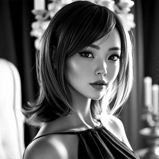 This black and white portrait features a captivating android courtesan with medium, subtly textured hair. She exudes elegance and poise with a gentle smile and piercing gaze, her expression alluring yet refined. The luxurious setting is highlighted by exquisite lighting and a sophisticated composition, emphasizing the high-fashion aesthetic of this digital artwork.