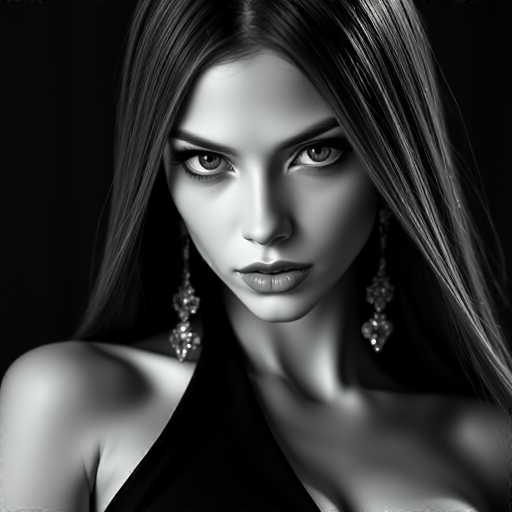 A woman with long brown hair is captured in a close-up portrait against a stark black background. She wears a simple yet elegant black dress that contrasts with the darkness around her. The woman's gaze is directed straight at the camera, creating an intimate connection between the viewer and the subject.