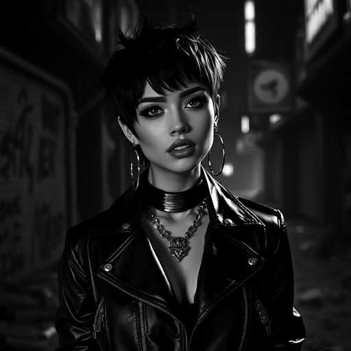 This high-contrast, black and white portrait features an alluring android courtesan with short, spiky hair, confidently posing in a dark, gritty urban setting. She wears a sleek leather jacket with metallic accents and statement jewelry, her sharp gaze drawing the viewer in. The edgy, avant-garde style is emphasized by deep shadows and harsh lighting, creating a sharp focus on the subject.