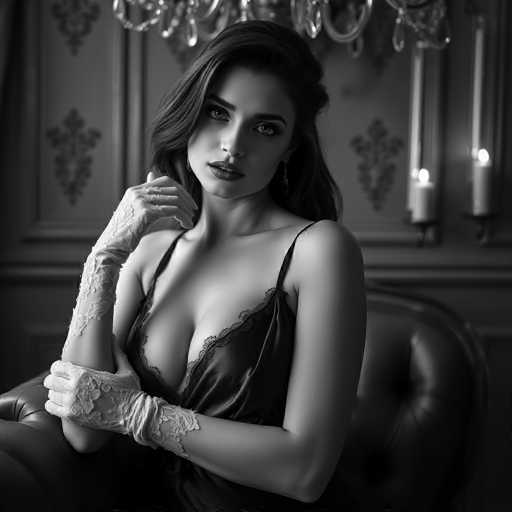 A woman with long dark hair is seated on a black leather chair, wearing a black lace dress and white gloves. The room has a chandelier hanging from the ceiling and a floral patterned wall in the background.