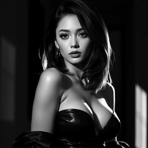 A woman with long dark hair is captured in a black and white photograph. She is wearing a strapless dress that accentuates her cleavage. The background features a simple white wall, which contrasts with the woman's dark hair and highlights her figure.