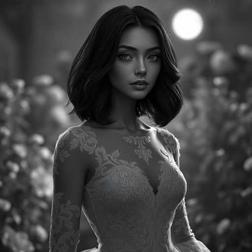 A woman with long dark hair is standing against a backdrop of trees and bushes. She is wearing a white dress that has an intricate lace design on the bodice. The image is rendered in black and white, giving it a timeless quality.