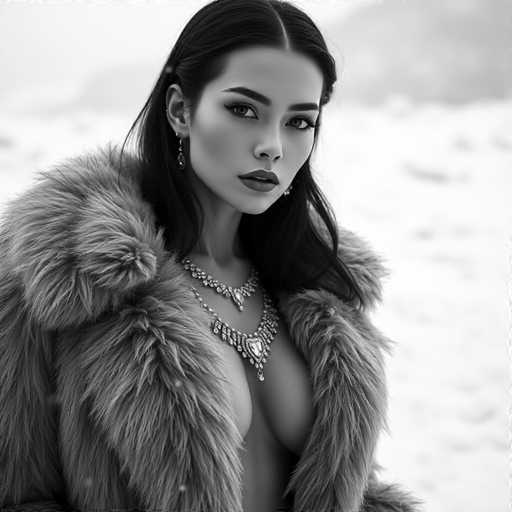 A strikingly beautiful android courtesan commands attention in this black and white portrait. Dressed in a luxurious fur coat and adorned with a diamond necklace, she stands in a snowy landscape. The sharp focus highlights her hyper-realistic features, creating a captivating contrast between her synthetic form and the cold, wintry environment. The image evokes a cinematic, alluring presence within a winter wonderland.