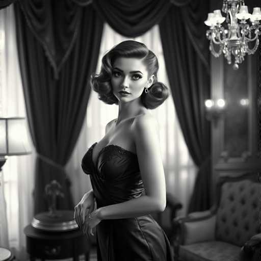 A woman with long brown hair is standing in a room with black and white decor. She is wearing a black dress that falls just below her knees. The room features a large window on the right side of the image, allowing natural light to enter. A chandelier hangs from the ceiling above the window, casting a soft glow throughout the space.