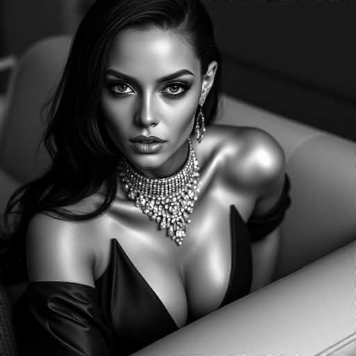 This hyper-realistic, black and white portrait features a seductive android courtesan with metallic skin and raven hair. She wears a chic black jumpsuit and a dazzling diamond-encrusted collar, posed on a sleek couch. Soft lighting creates a luxurious, intimate atmosphere with sharp focus and a cinematic feel.