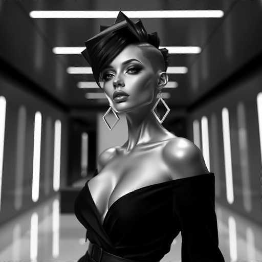 This hyper-realistic, black and white portrait features a seductive android courtesan in a sleek jumpsuit. Her bold, geometric hairstyle contrasts with metallic skin and statement earrings. The minimalist room's dramatic lighting emphasizes her sharp focus, creating a futuristic, cinematic aesthetic with sophisticated detail.