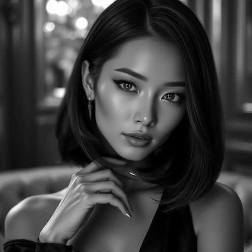 This black and white portrait features a sophisticated android courtesan with medium, sleek hair, exuding elegance. Her piercing gaze and subtle smile command attention in a luxurious setting with exquisite lighting. The intimate composition highlights her poise, showcasing high-end fashion and an air of sensual allure.