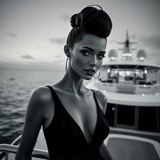 A strikingly realistic android woman with a sophisticated updo and sleek black dress commands attention on a luxurious yacht. The high-contrast, black and white photography creates a dramatic, cinematic atmosphere, emphasizing the elegant setting with sharp focus on the model's captivating gaze.