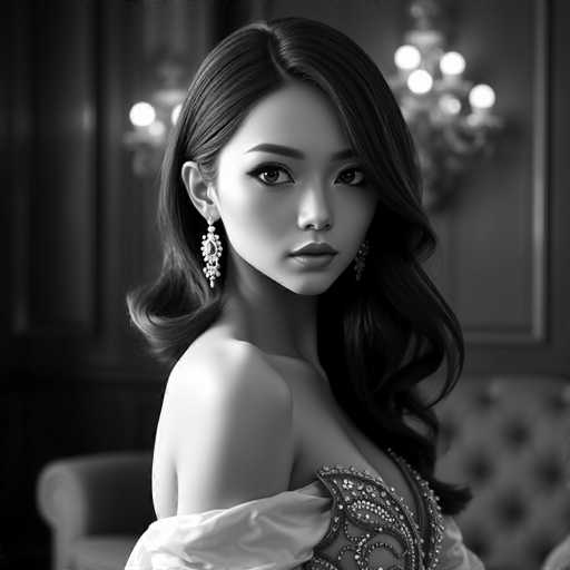 A woman with long dark hair is captured in a black and white portrait photograph. She is wearing an elegant dress that features intricate beading and lace details. The background of the image reveals a room with a chandelier hanging from the ceiling, adding to the overall ambiance of the scene.