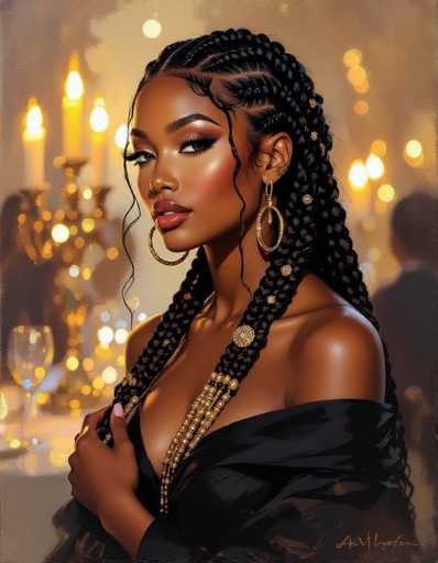 A stunning woman with intricate braids and bold gold jewelry is the central focus, elegantly posed in a dimly lit, opulent setting with candles and blurred figures. The art style is a digital painting with a glamorous, slightly painterly feel, emphasizing rich textures and warm lighting.