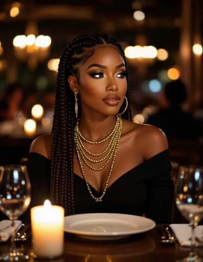 A stunning Black woman with intricate braids is the central focus, elegantly seated at a dimly lit upscale dinner table. She wears gold jewelry and glamorous makeup, gazing attentively. A lit candle illuminates her face, creating a warm glow against the blurred bokeh lights of the restaurant background.