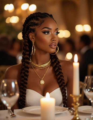 A stunning Black woman with intricate braids and gold jewelry is the central focus, seated at a table with a lit candle. The blurred background of warm bokeh lights creates an elegant and atmospheric setting, emphasizing her poised gaze and luxurious attire.