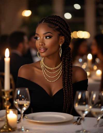 A radiant Black woman in an off-the-shoulder black dress and gold jewelry is the central focus. Her intricate braided hair cascades over her shoulder, framing a glamorous look. Soft candlelight creates a warm, romantic ambiance at an upscale dinner event, with blurred figures in formal wear in the background.