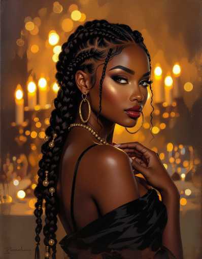 A stunning Black woman with intricate braids and gold jewelry gazes confidently at the viewer. She's adorned in a black dress, set against a warm, bokeh-filled background of candles and lights. The art style is digital painting with a glamorous, elegant feel.