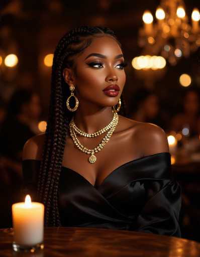 A stunning Black woman with intricate braids and gold jewelry is the central focus, elegantly posed in a black satin off-the-shoulder top. A lit candle illuminates her face and the warm, bokeh-filled background suggests a luxurious evening event. The portrait exhibits a sophisticated, glamorous art style.