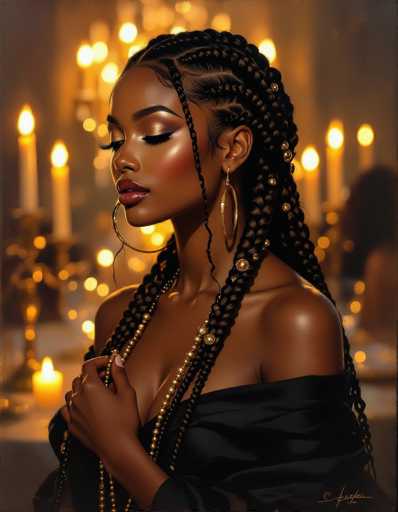 A beautiful Black woman with intricate braids and gold jewelry gazes downwards, illuminated by warm candlelight. She wears a black off-the-shoulder top and is surrounded by softly blurred candles, creating a luxurious and intimate atmosphere. The art style is digital painting with a focus on rich textures and dramatic lighting.