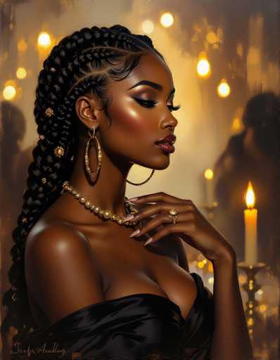 A stunning Black woman with intricate braids and elegant jewelry gazes pensively, illuminated by warm candlelight. She wears a black off-the-shoulder dress and gold accessories. The art style is photorealistic with soft lighting and a bokeh background, creating a luxurious and intimate atmosphere.