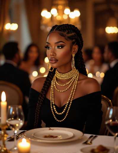 A stunning Black woman is the central focus, elegantly seated at a luxurious dinner party. Her elaborate braids and gold jewelry stand out against her black off-the-shoulder top, illuminated by warm candlelight. The blurred background and formal guests create a sophisticated atmosphere.
