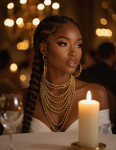 This dreamy portrait by Greg Rutkowski features a Black woman with intricate braided hair, adorned with gold jewelry and elegant makeup. She sits at a table beside a lit candle, gazing thoughtfully into the warm bokeh-filled background of an upscale event. The focus is on her serene expression and luxurious setting.
