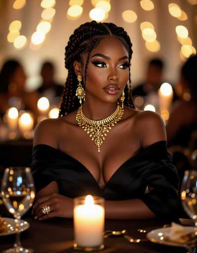 A stunning Black woman with intricate braids and gold jewelry commands attention at a luxurious gathering. She gazes softly, illuminated by candlelight against a blurred backdrop of warm bokeh and social figures. The rich color palette and high-contrast lighting create an elegant, seductive portrait.