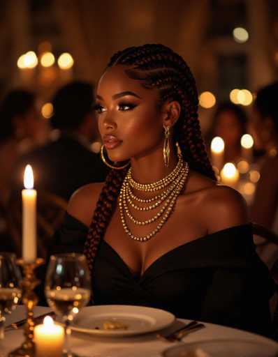 The image features a woman with deep brown skin, styled in intricate braids and adorned with gold jewelry, seated at a table illuminated by candlelight. The warm lighting creates a bokeh effect in the blurred background of a social gathering, emphasizing her elegant presence.