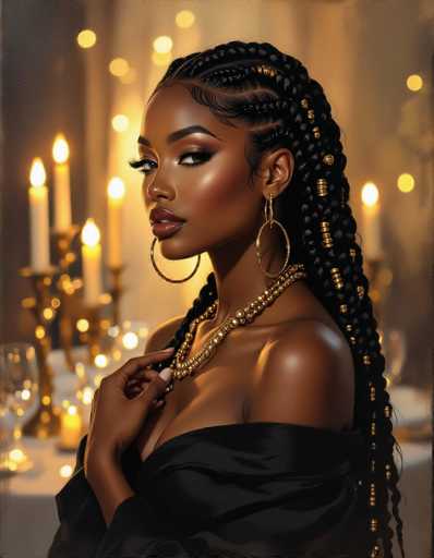 A stunning Black woman with intricate braids and bold gold jewelry is the central focus, elegantly posed against a warmly lit table adorned with candles. The soft bokeh background creates a luxurious and intimate atmosphere, characteristic of a digital painting with a glamorous, high-fashion aesthetic.