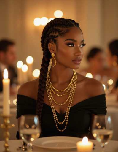 Captured in a cinematic style reminiscent of Roger Deakins, the image features a woman with striking braided hair and gold jewelry, elegantly seated at a table. Soft candlelight creates a warm, intimate atmosphere with blurred figures in the background, suggesting a sophisticated evening gathering.