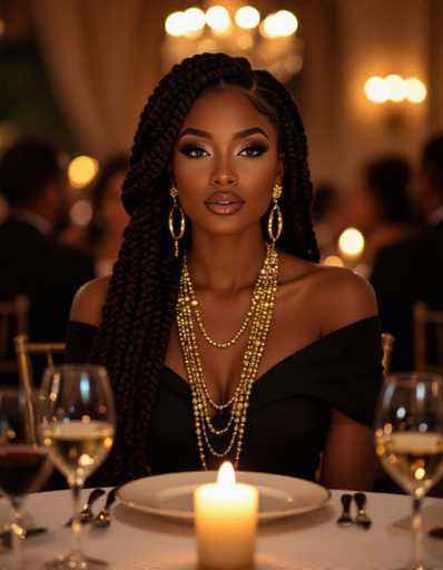 A striking African American woman is the central focus, elegantly seated at a formal dinner. Her voluminous braids and opulent gold jewelry command attention against a black off-the-shoulder top. Soft candlelight creates a warm, intimate atmosphere with blurred guests in the background, showcasing a sophisticated portrait style.