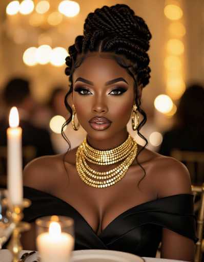 A striking Black woman with intricate braids and bold makeup commands attention at a formal dinner. Layered gold necklaces adorn her off-the-shoulder black gown, illuminated by flickering candlelight in a chiaroscuro setting with warm bokeh lights creating an intimate and sensual atmosphere.